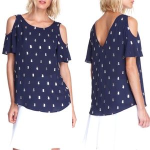 COOPER & ELLA Cold Shoulder Pineapple Top With Flutter Sleeves Navy Blue Small